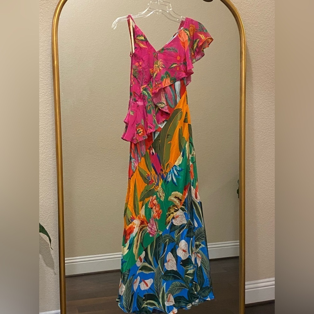 FARM Rio Mixed Flowery Ruffle One Shoulder Midi Dress Size M - Picture 6 of 16